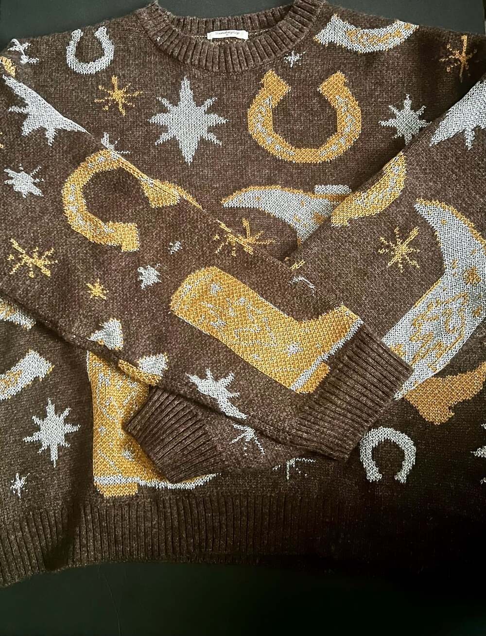 Sunday Up Western Cowboy Sweater Size M Brown Horseshoe Metallic